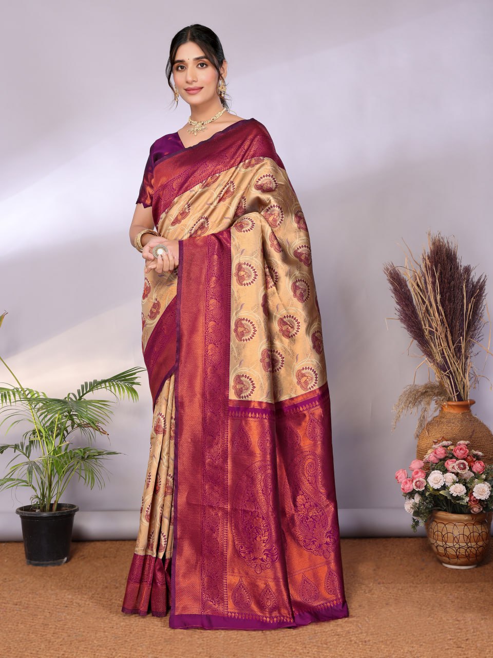 Beautiful Zari work in form of traditional motifs Saree