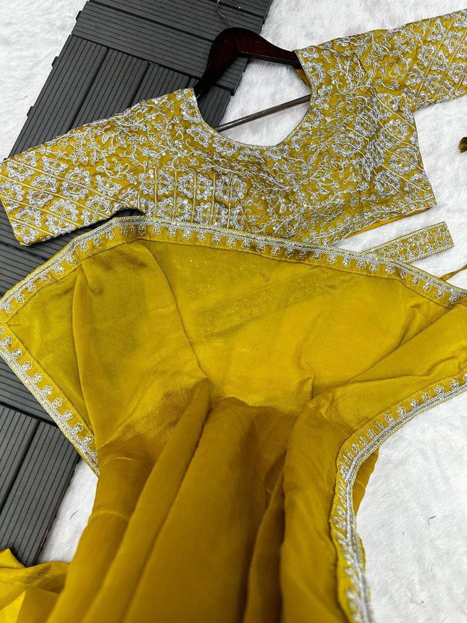 Heavy Chinon Ready to wear saree with Embroidery Blouse