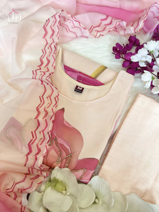 Amazing Floral Digital Organza With Hand Work Neck Suit Set