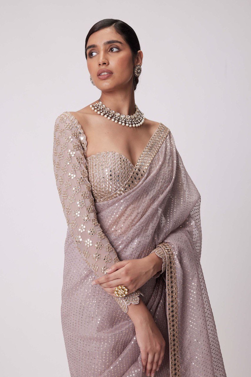 Heavy Coading Lace Border in Saree with Original Mirror