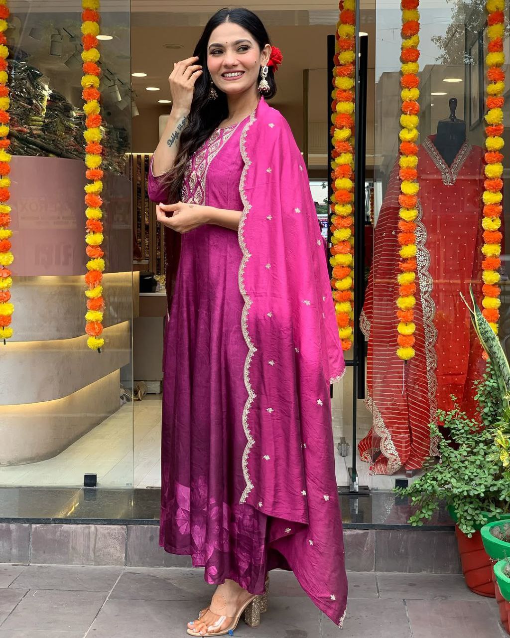 Anarkali Flared Kurti Pant Dupatta Set