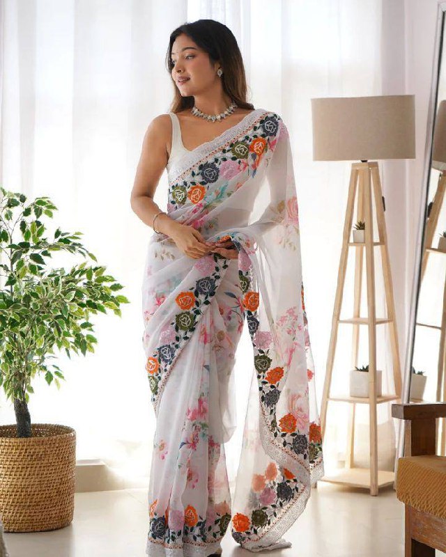 Flowers Digital print Sequance embroidery Saree