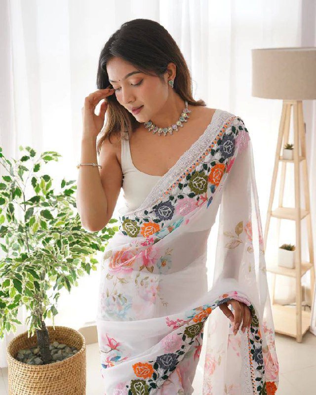 Flowers Digital print Sequance embroidery Saree