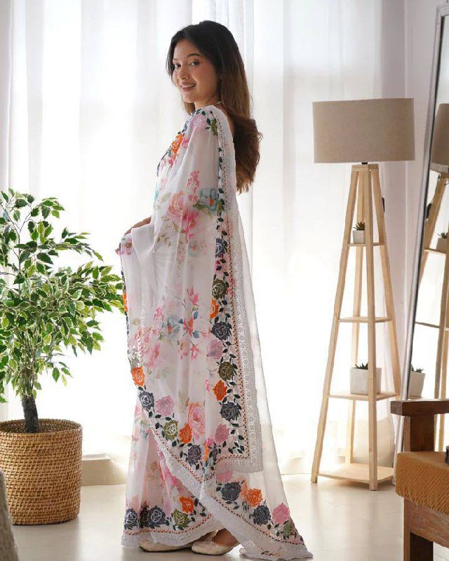 Flowers Digital print Sequance embroidery Saree