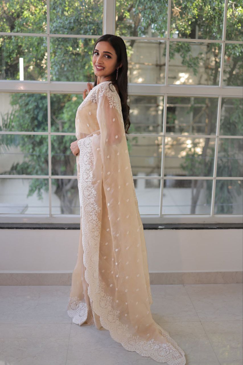 Soft Georgette fabric with white thread embroidered work Saree