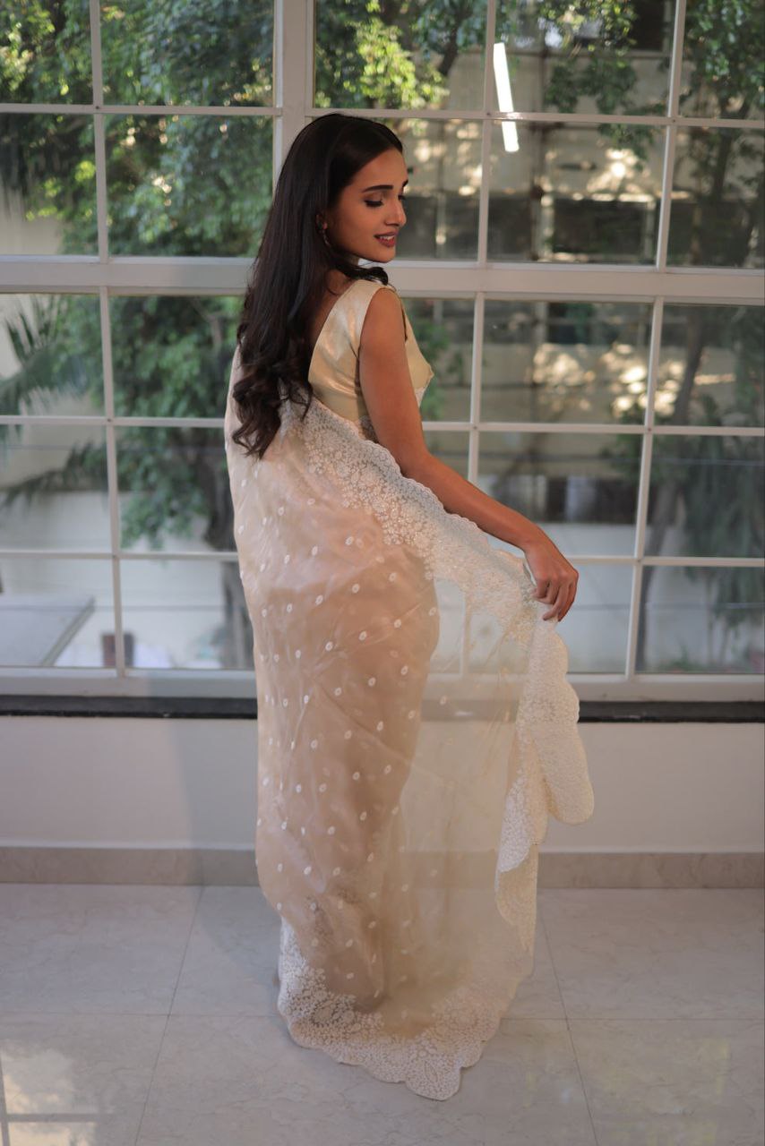 Soft Georgette fabric with white thread embroidered work Saree