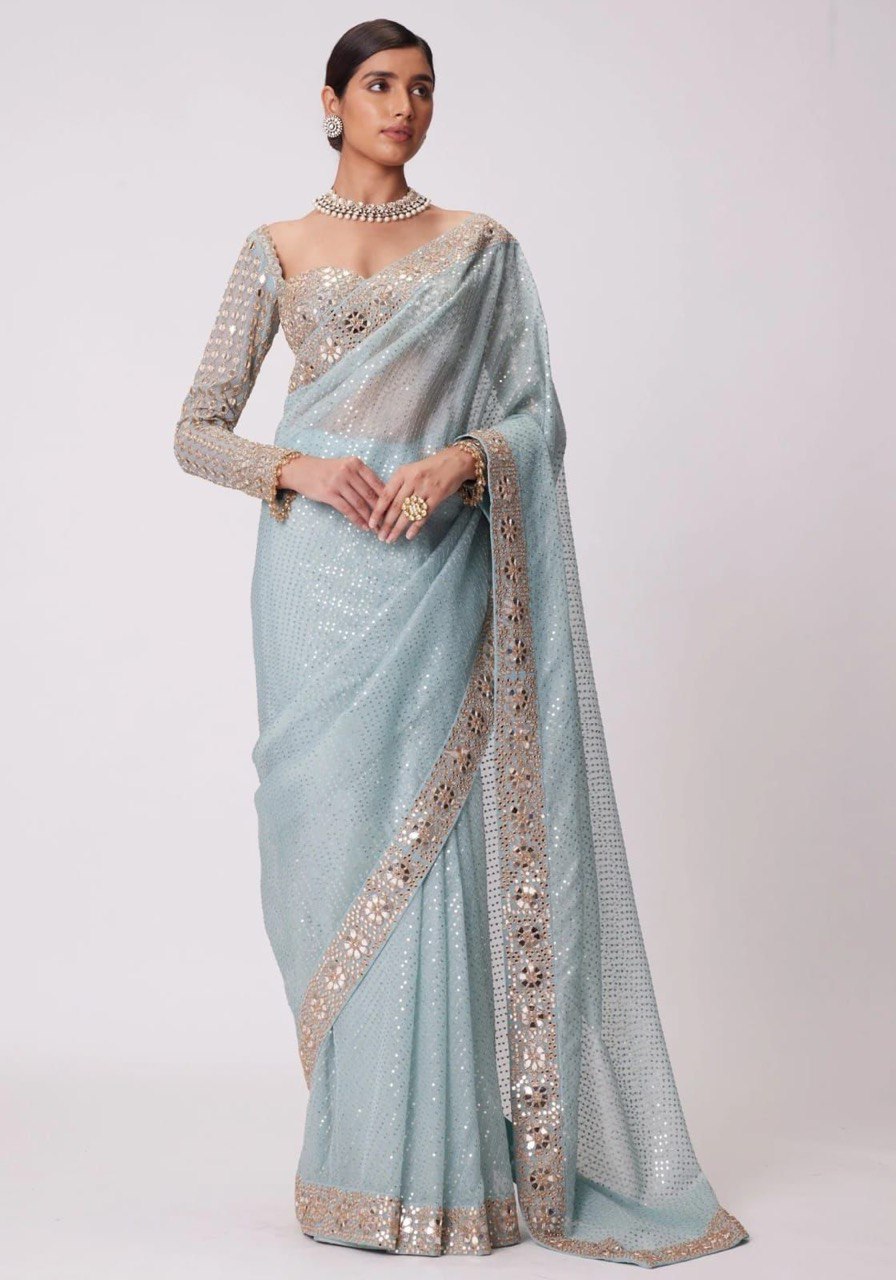 Sooti Designer Heavy quality Faux Georgette Saree with Original Mirror