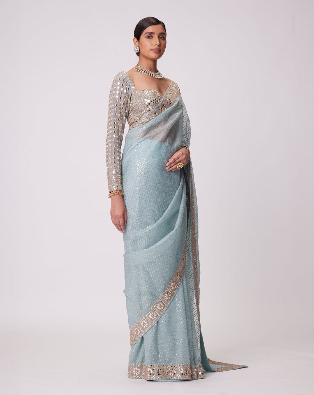 Sooti Designer Heavy quality Faux Georgette Saree with Original Mirror
