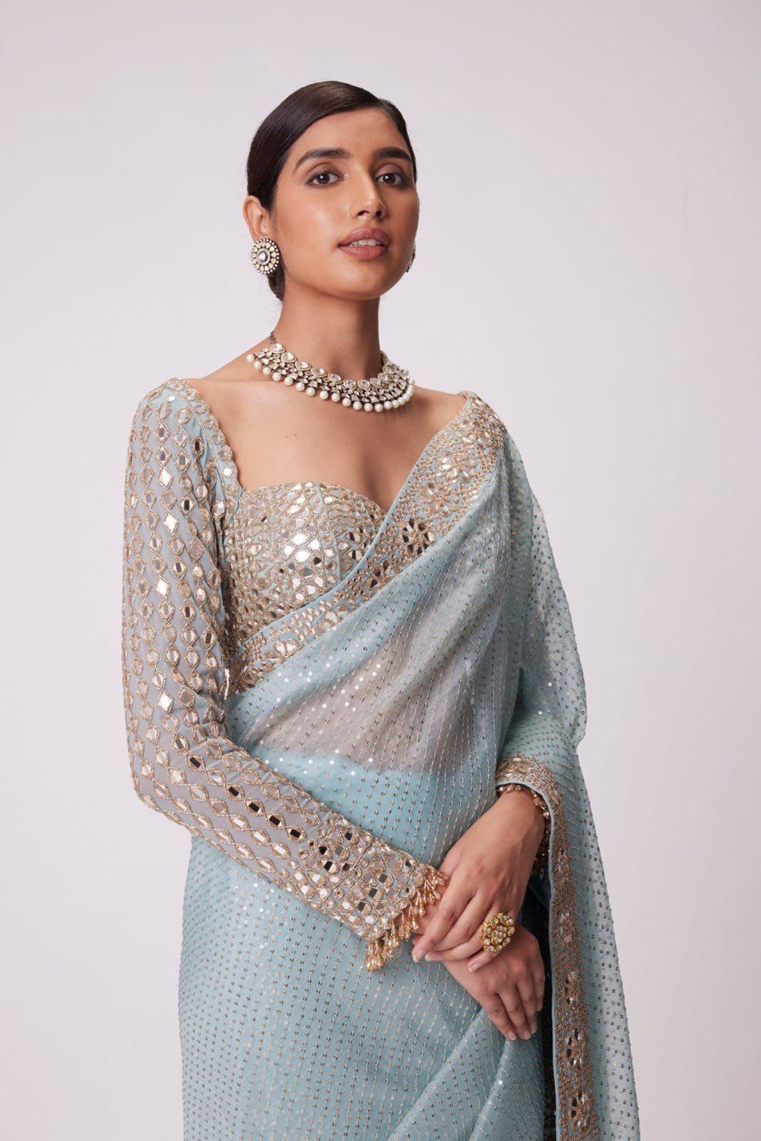 Sooti Designer Heavy quality Faux Georgette Saree with Original Mirror