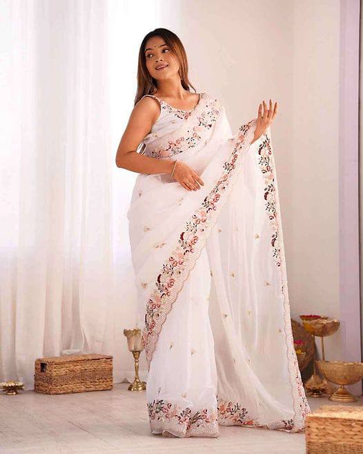 Premium Soft Jimmy choo fabric with sequence work and cut work border Saree