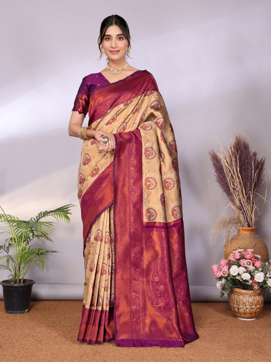Beautiful Zari work in form of traditional motifs Saree