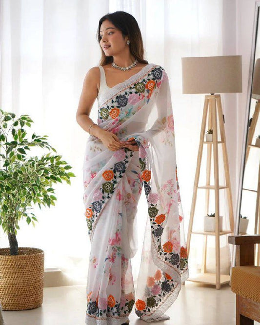 Flowers Digital print Sequance embroidery Saree
