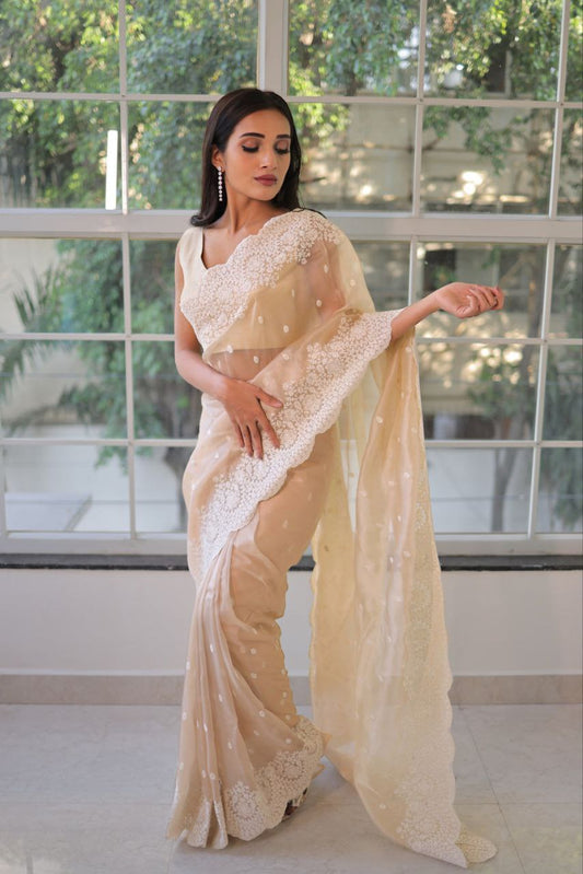 Soft Georgette fabric with white thread embroidered work Saree