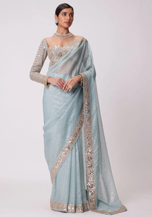 Sooti Designer Heavy quality Faux Georgette Saree with Original Mirror