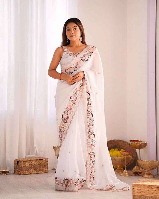 Premium Soft Jimmy choo fabric with sequence work and cut work border Saree