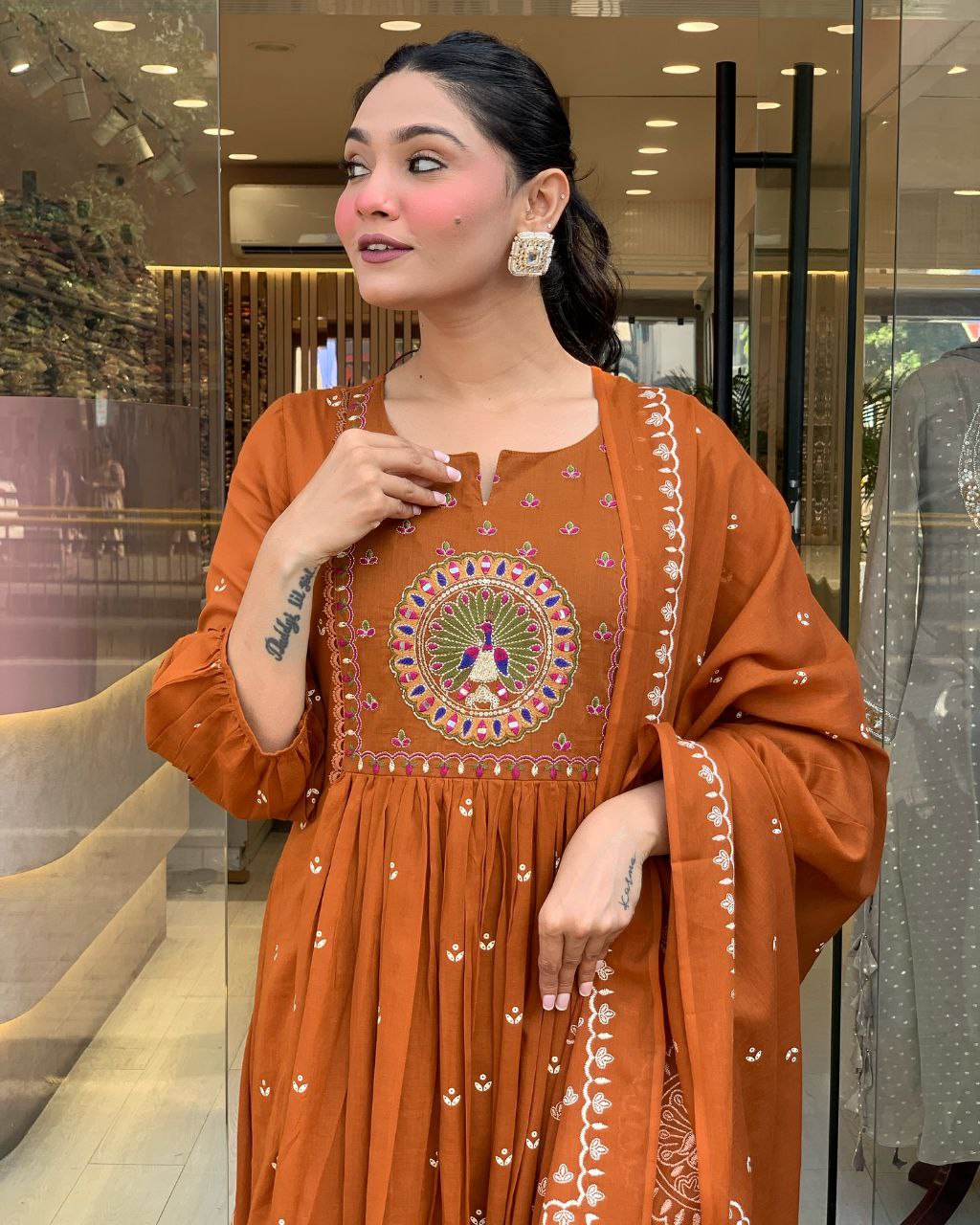 Orange MAL Cotton Kurti Pant Dupatta Set