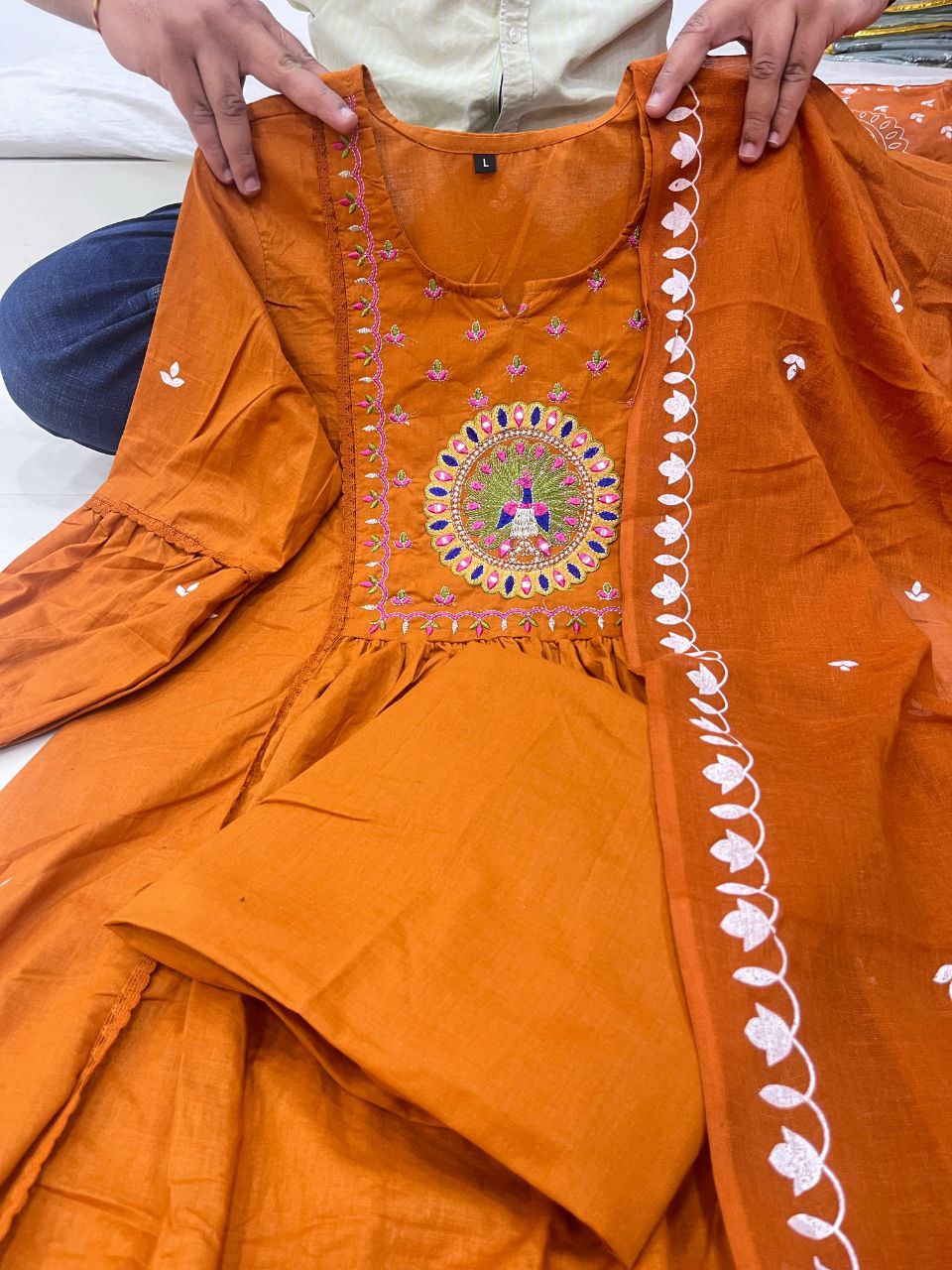 Orange MAL Cotton Kurti Pant Dupatta Set