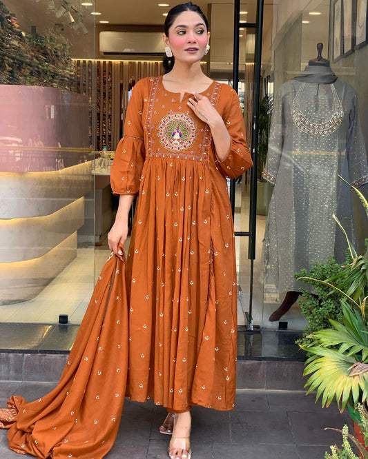 Orange MAL Cotton Kurti Pant Dupatta Set