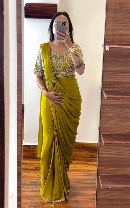 Heavy Chinon Ready to wear saree with Embroidery Blouse